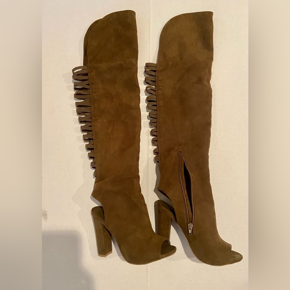 24” Over the Knee Bamboo Peep Toe, Heel Out Dark Olive Boots Size 6